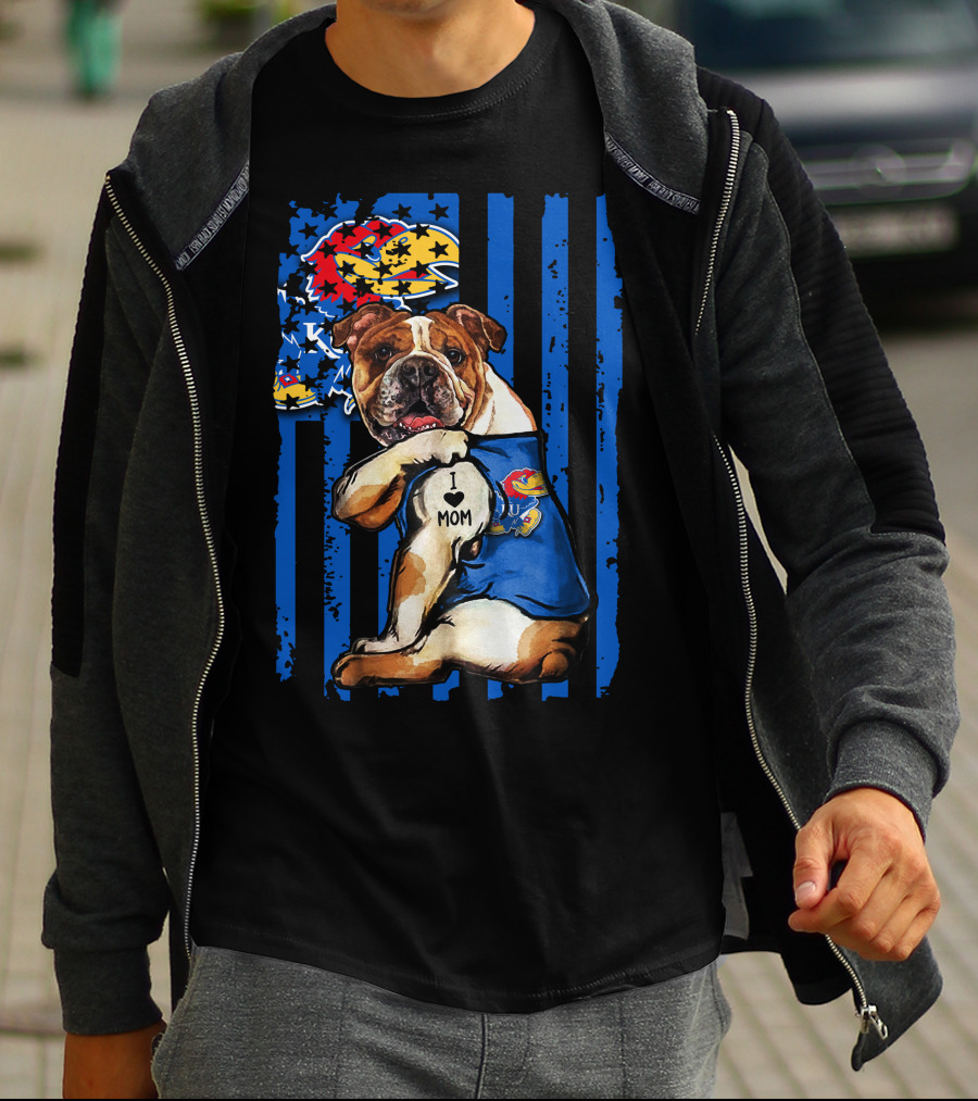 Bulldog Wearing Kansas Jayhawks I Love Mom Tattoo With Blue Stripes And Jayhawk T-Shirt