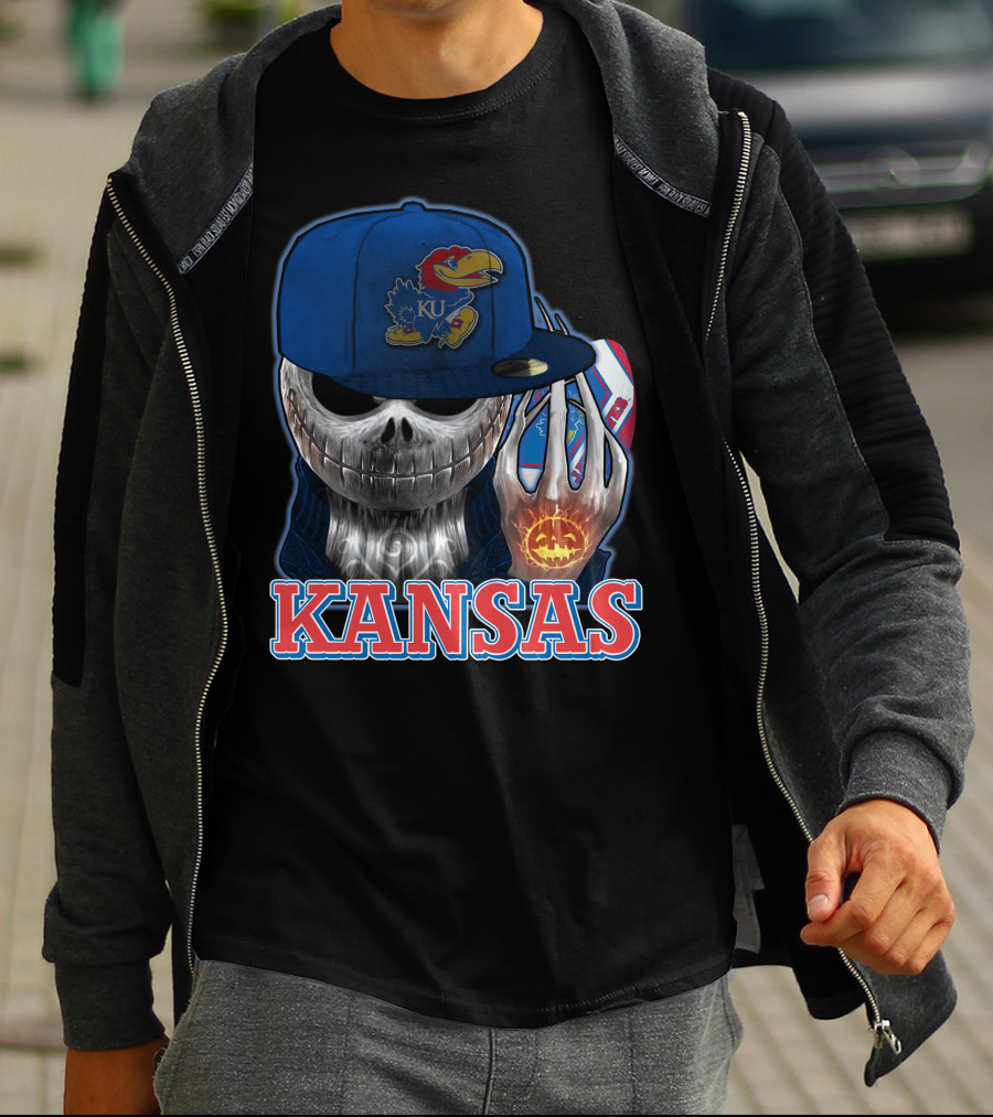 Kansas Jayhawks Skull Halloween Pumpkin Blue Cap T-Shirt