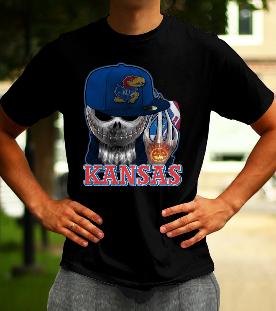 Kansas Jayhawks Skull Halloween Pumpkin Blue Cap T-Shirt