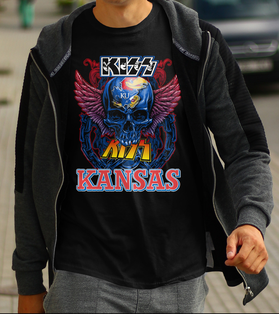 KISS Kansas Jayhawks Skull KU Winged Logo Chains T-Shirt