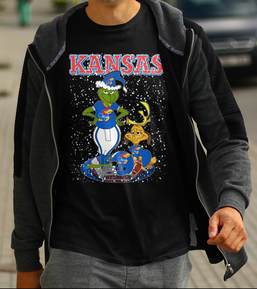 Kansas Grinchxmas Jayhawks KU Snowy Football Holiday T-Shirt