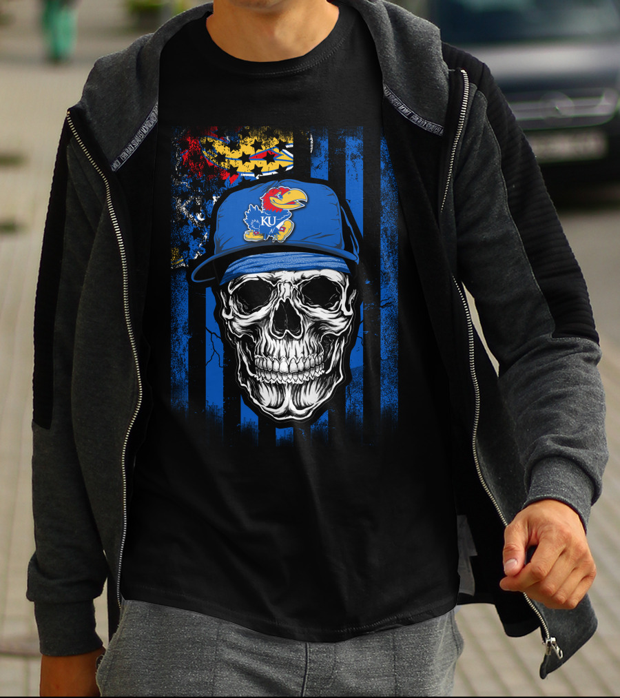 Skull Kansas Jayhawks KU Logo Hat Blue And Red Stripes T-Shirt