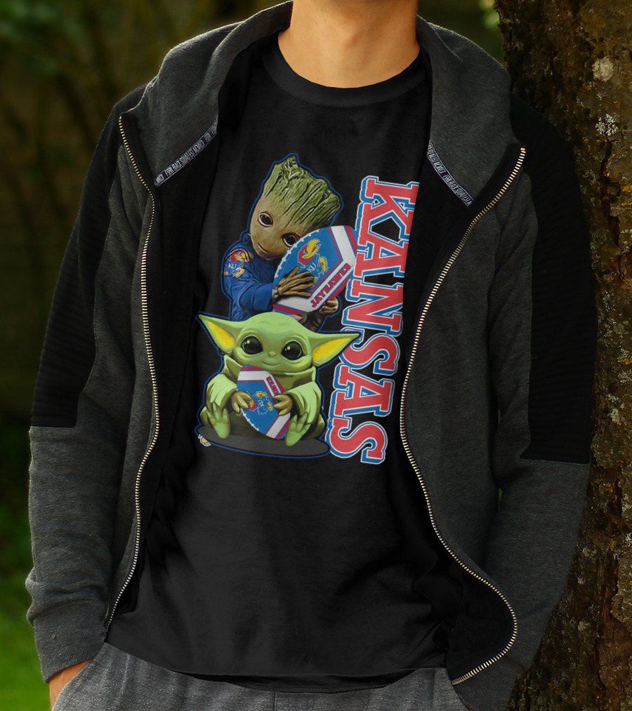 Kansas Jayhawks Groot Baby Yoda Football Hug T-Shirt