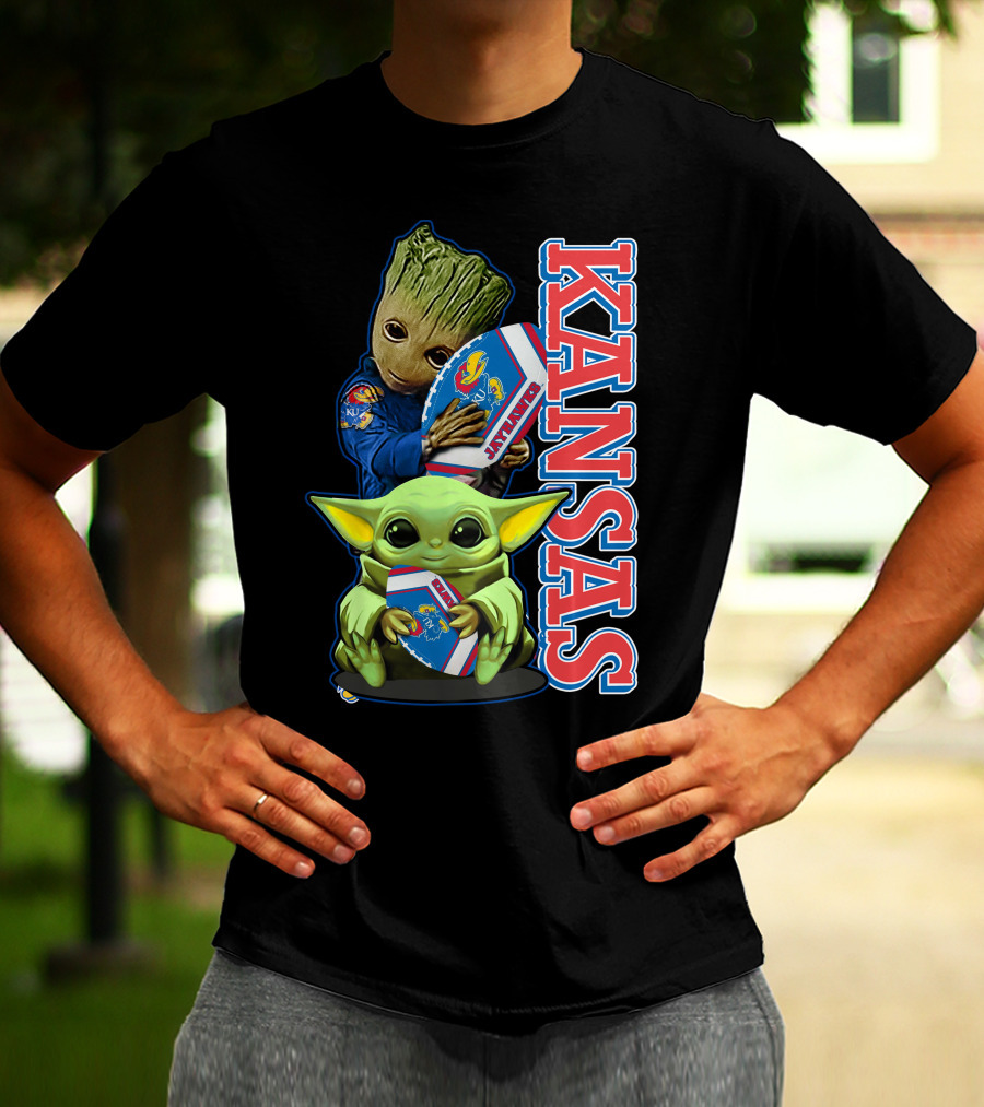 Kansas Jayhawks Groot Baby Yoda Football Hug T-Shirt
