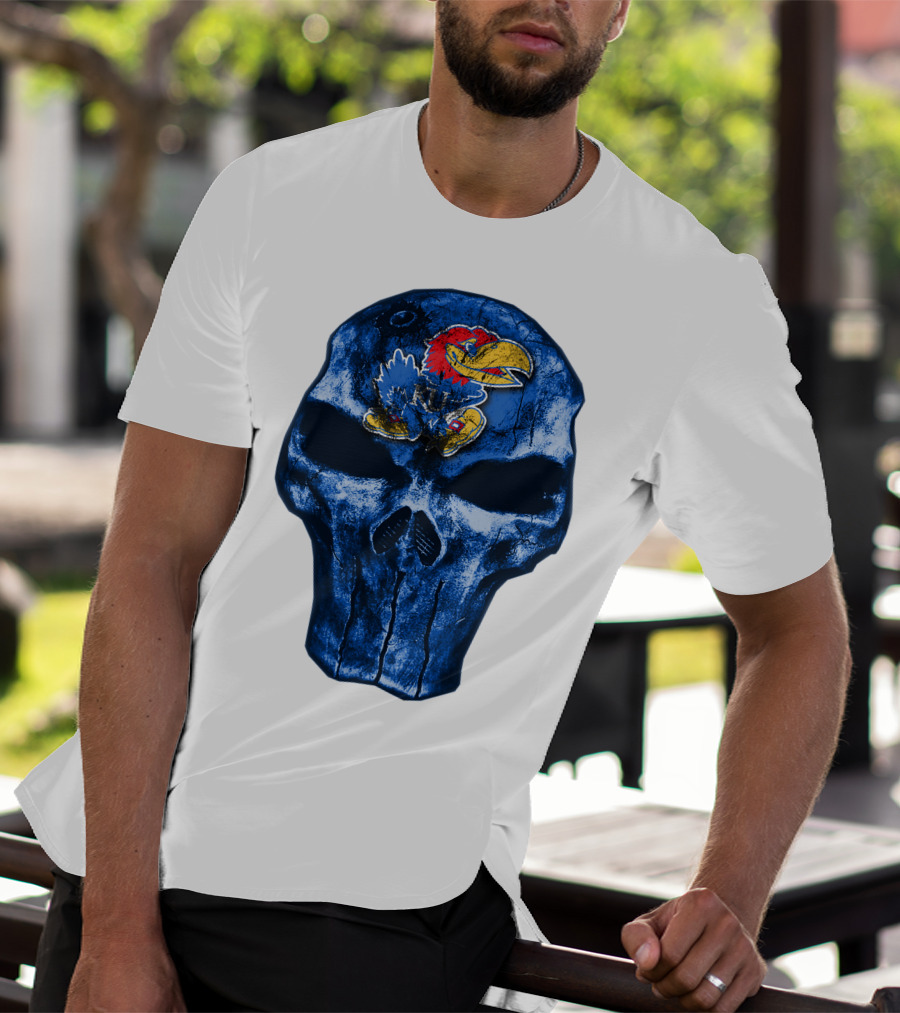 Kansas Jayhawks Logo On Blue Skull T-Shirt