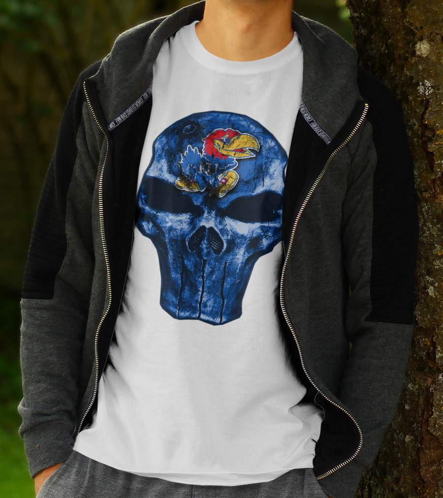 Kansas Jayhawks Logo On Blue Skull T-Shirt