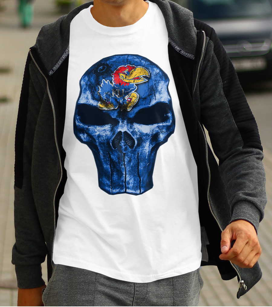 Kansas Jayhawks Logo On Blue Skull T-Shirt