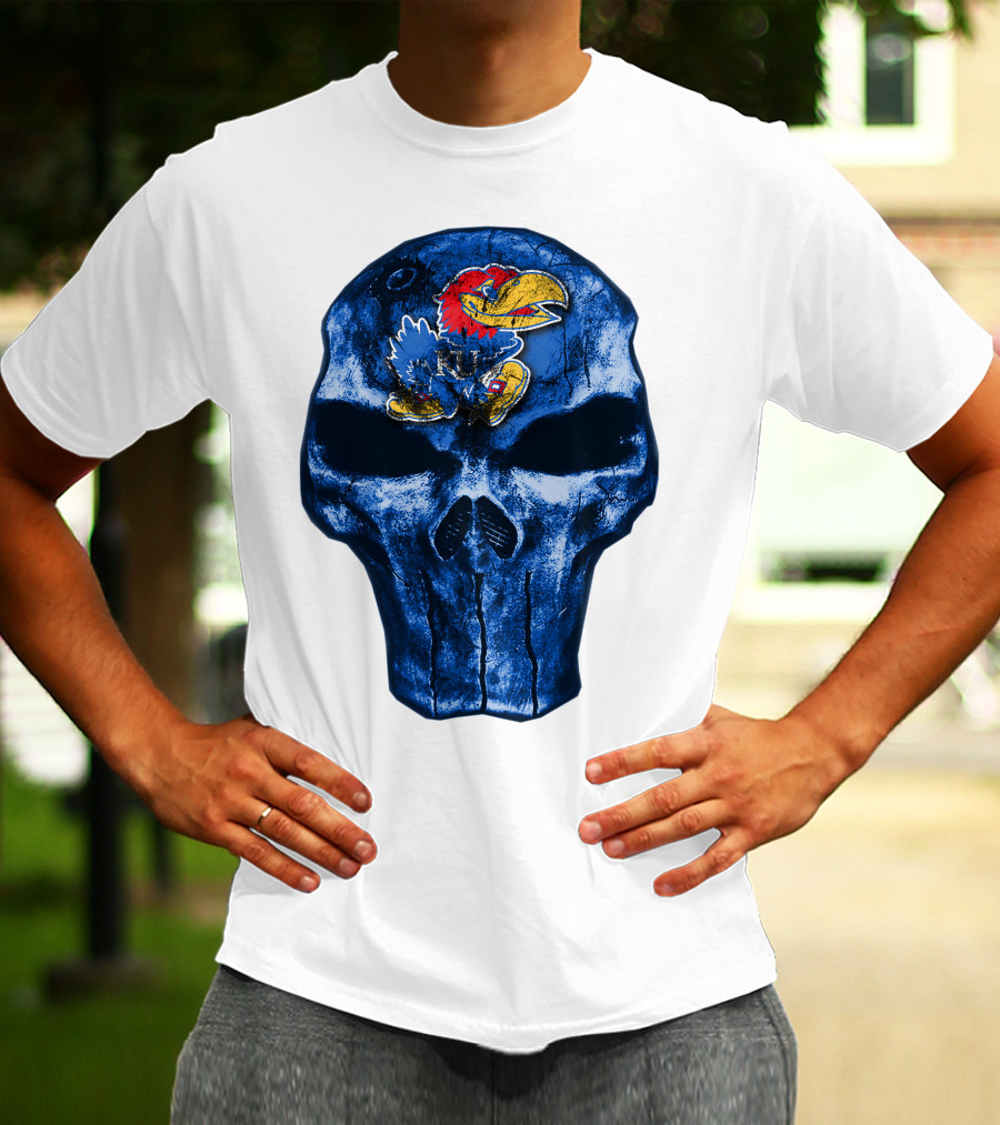 Kansas Jayhawks Logo On Blue Skull T-Shirt