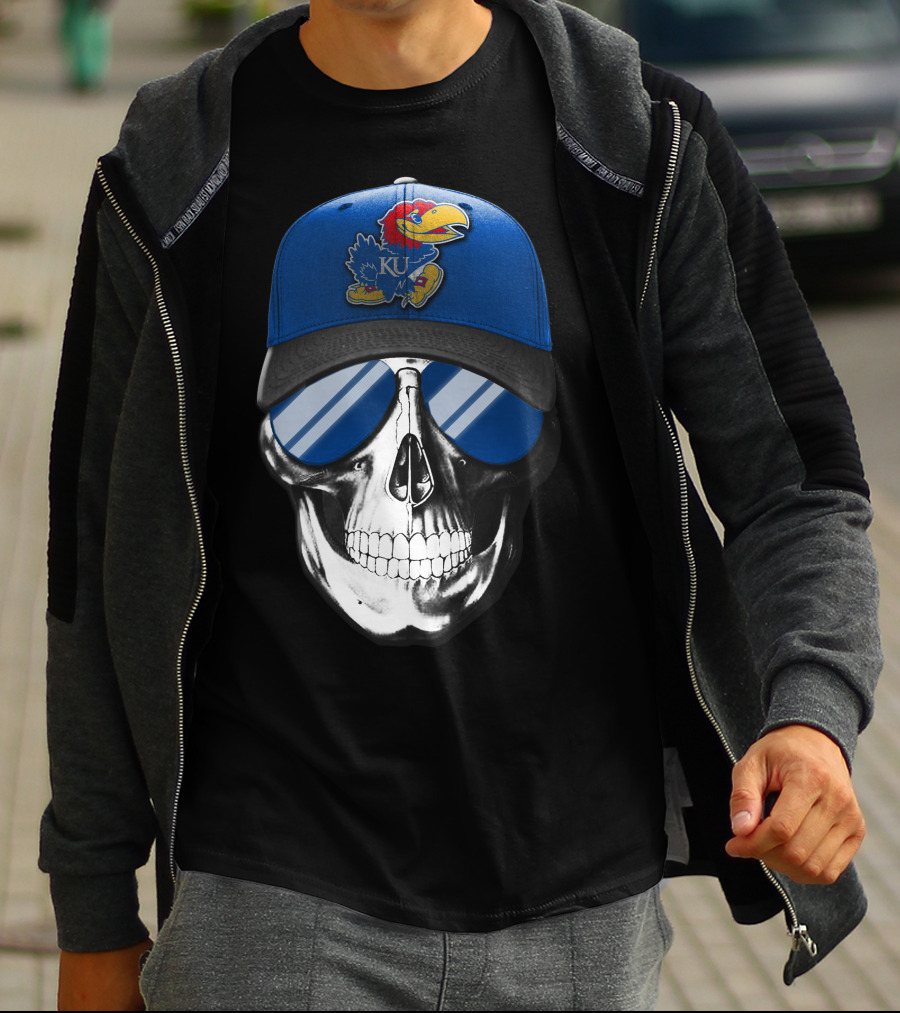 Kansas Jayhawks Skull With Blue Cap And Sunglasses T-Shirt