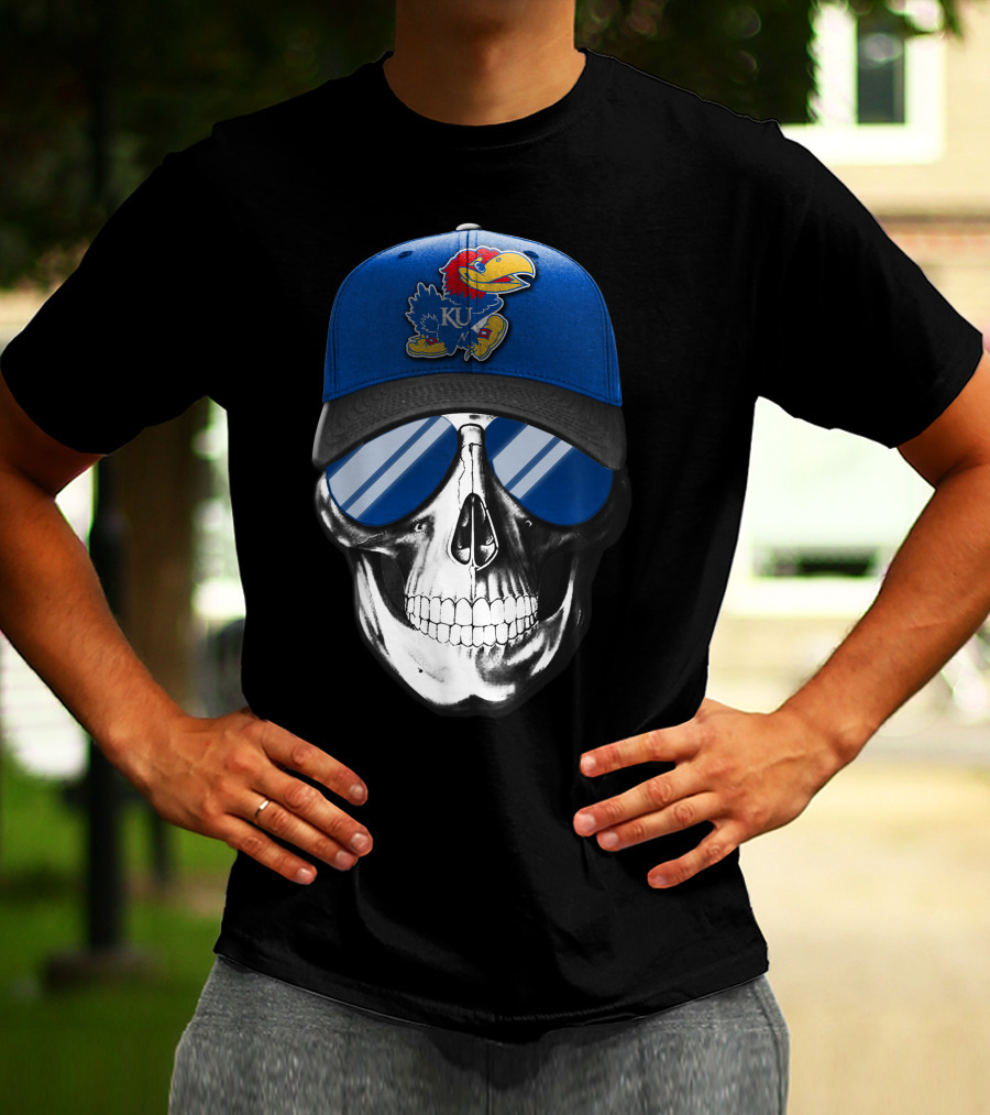 Kansas Jayhawks Skull With Blue Cap And Sunglasses T-Shirt