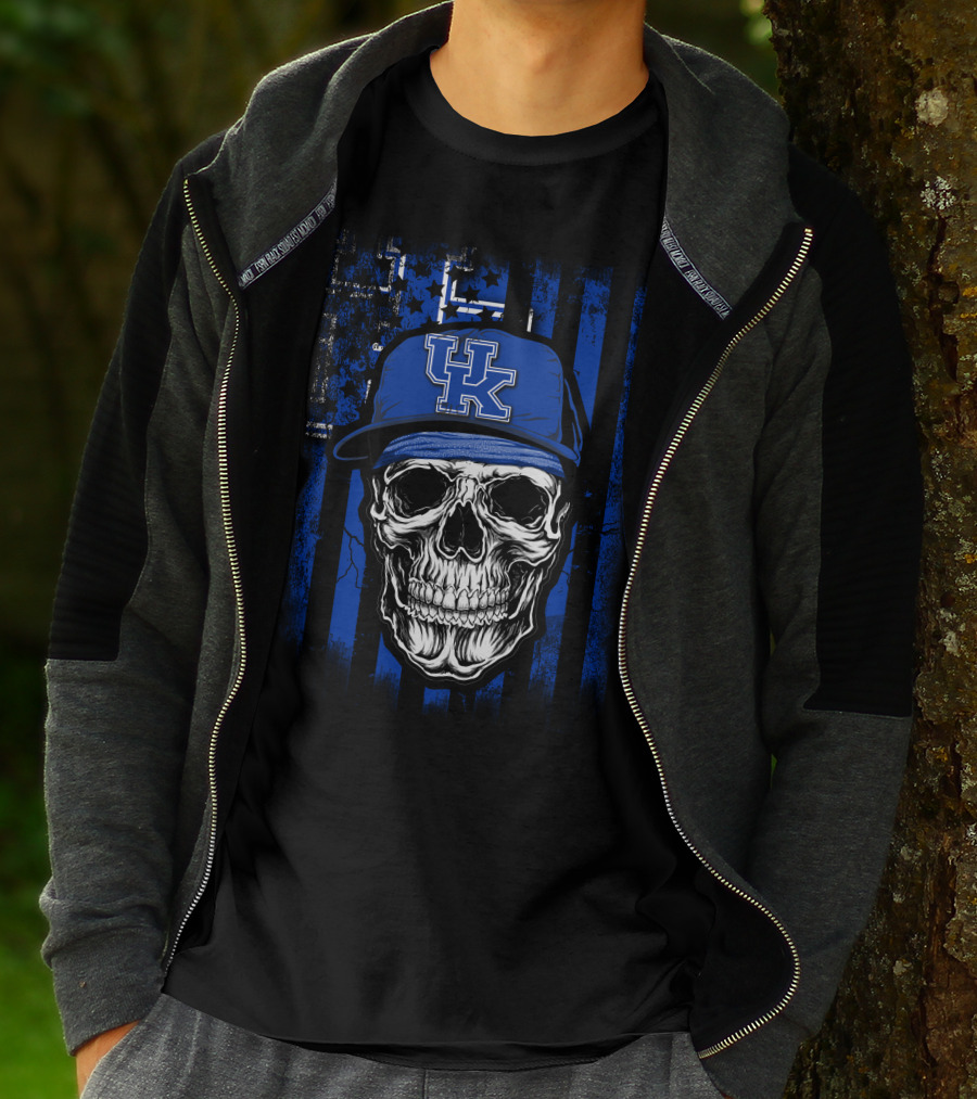 Kentucky Wildcats Skull With Blue Hat And Stripes T-Shirt