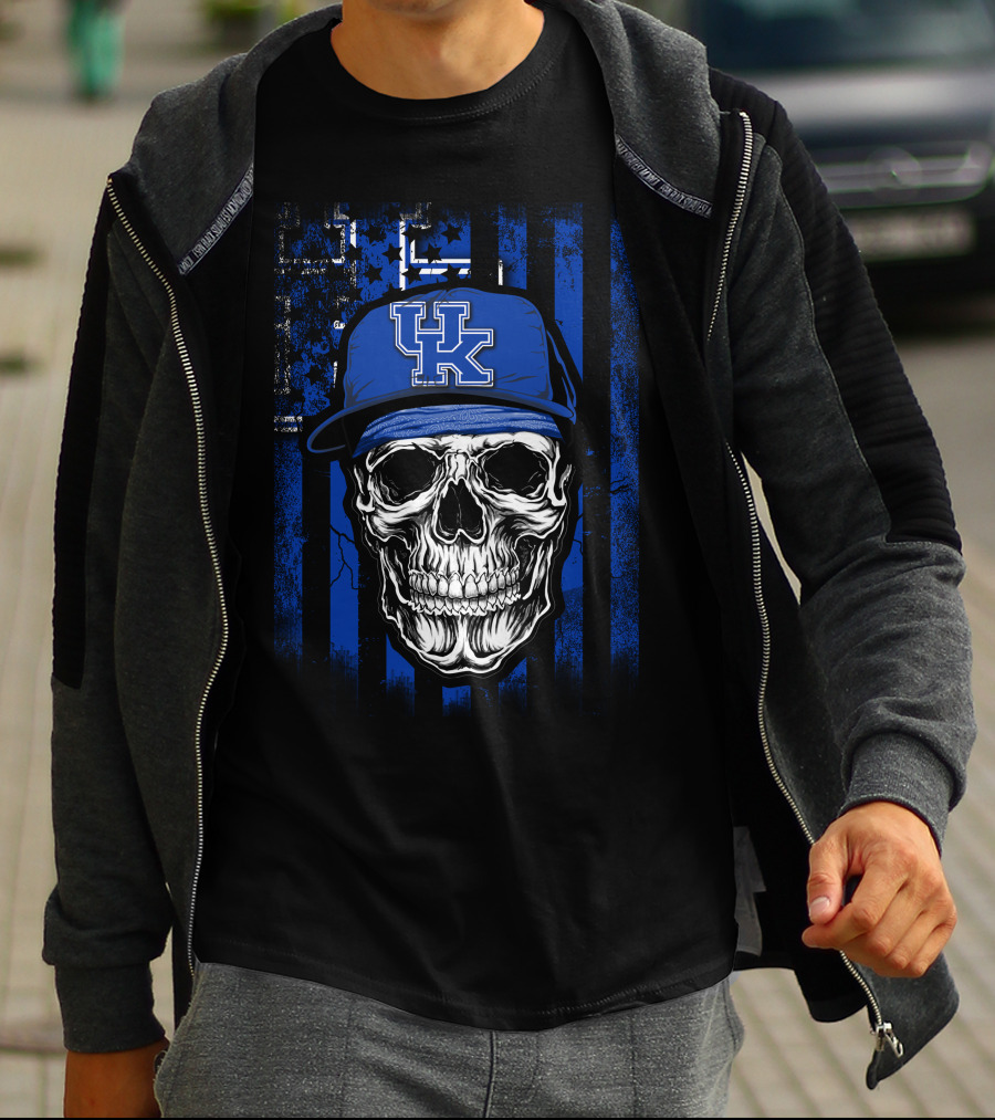 Kentucky Wildcats Skull With Blue Hat And Stripes T-Shirt