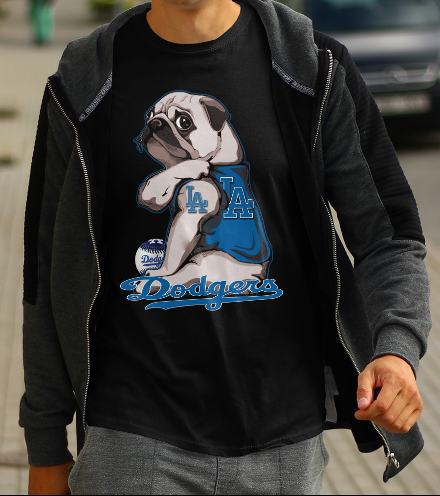 Pug Los Angeles Dodgers Mascot With Baseball And LA Insignia T-Shirt