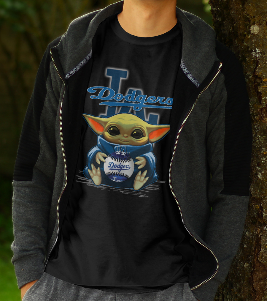 Yoda Holding Dodgers Baseball With Los Angeles Dodgers Logo Background T-Shirt