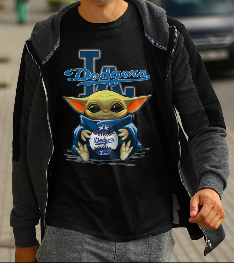 Yoda Holding Dodgers Baseball With Los Angeles Dodgers Logo Background T-Shirt