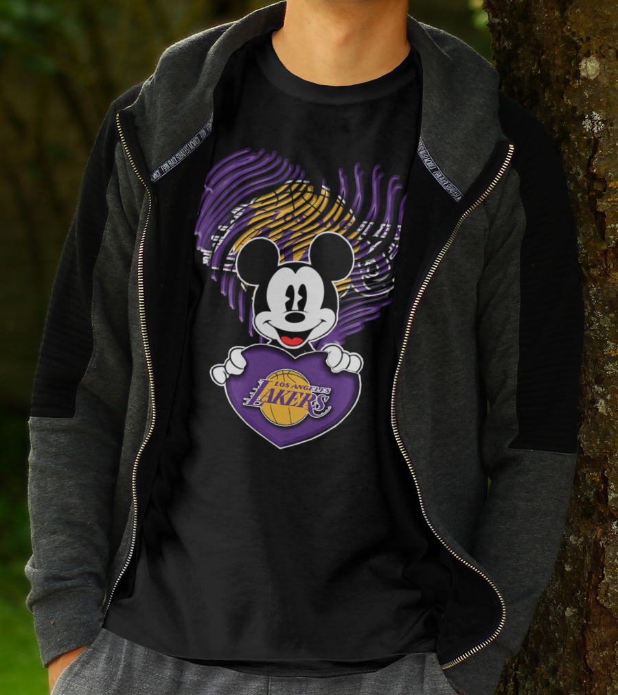 Mick Mouse Los Angeles Lakers Basketball Team Logo Handprint Heart T-Shirt