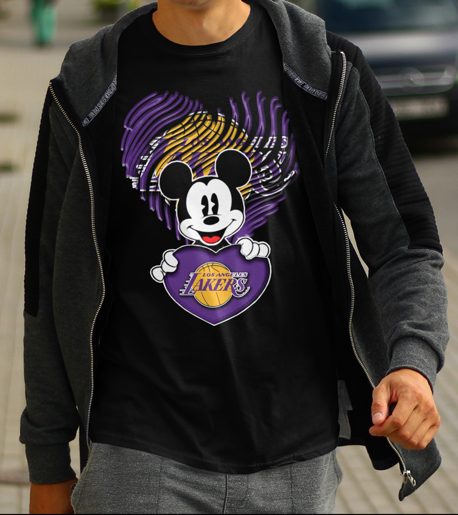 Mick Mouse Los Angeles Lakers Basketball Team Logo Handprint Heart T-Shirt