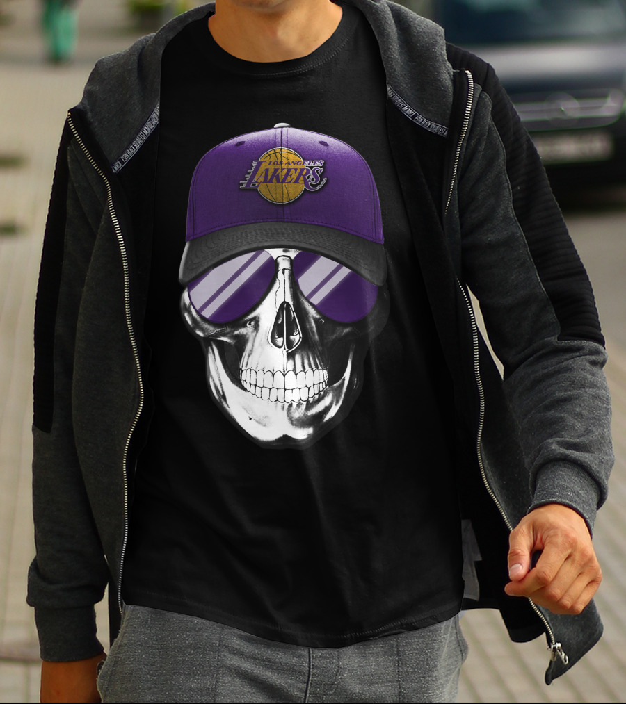 Los Angeles Lakers Skull With Purple Hat And Sunglasses T-Shirt