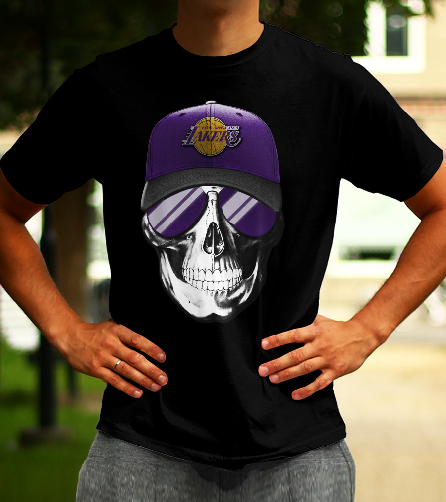 Los Angeles Lakers Skull With Purple Hat And Sunglasses T-Shirt