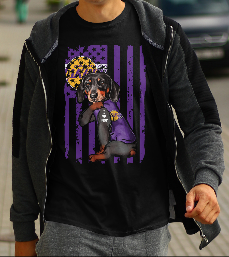 Dachshund I Love Mom Los Angeles Lakers Purple Basketball Team Fan T-Shirt