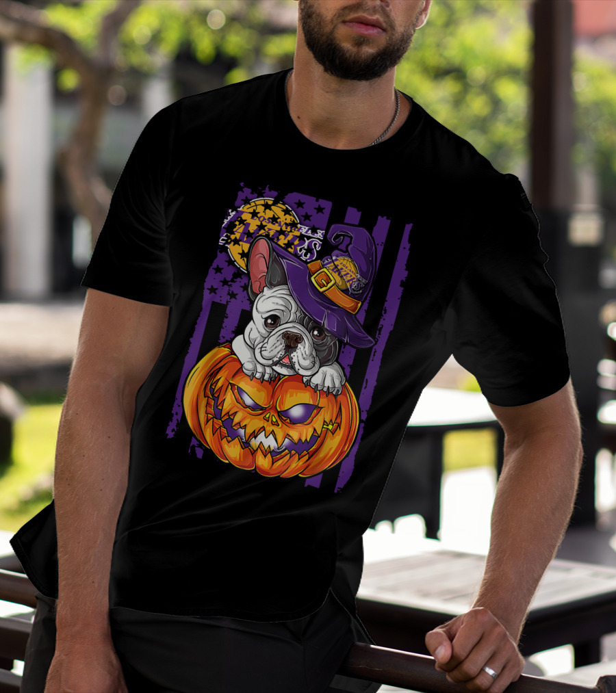 Hlw Bulldog Los Angeles Lakers Halloween Pumpkin Wizard Hat T-Shirt