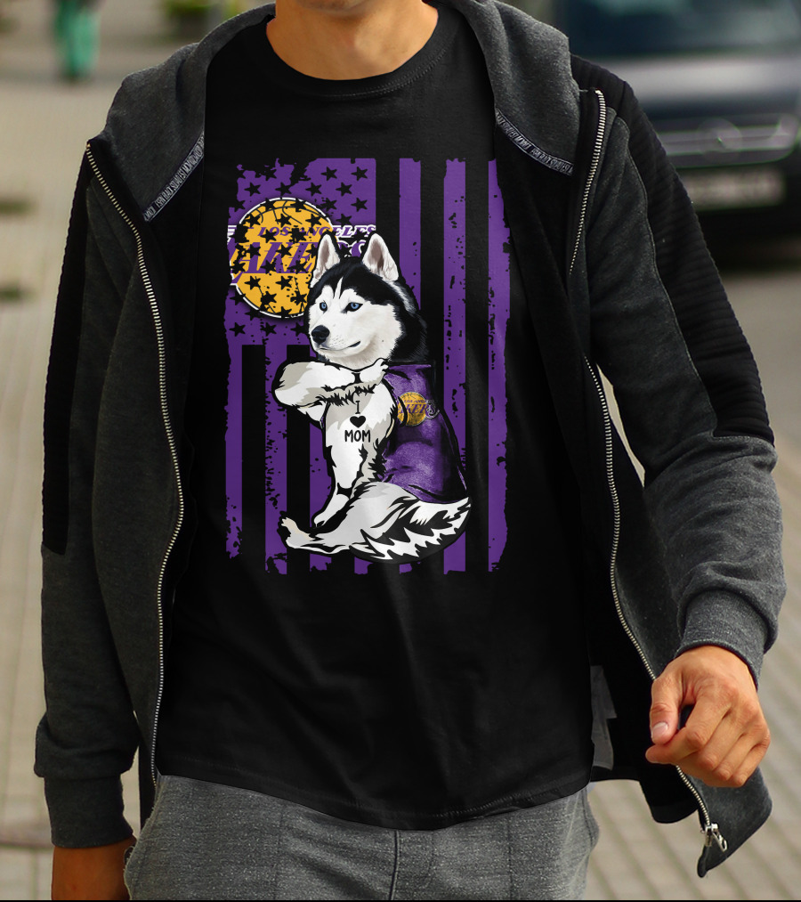 Siberian Husky Mom Los Angeles Lakers Fan With Purple American Flag Background T-Shirt