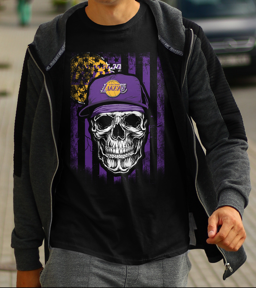 Los Angeles Lakers Skull Cap Bold Gothic T-Shirt