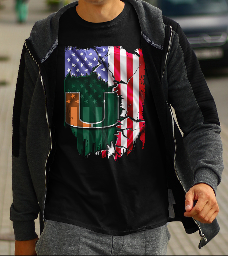 Flag Miami Hurricanes University U Patriotic USA Flag T-Shirt