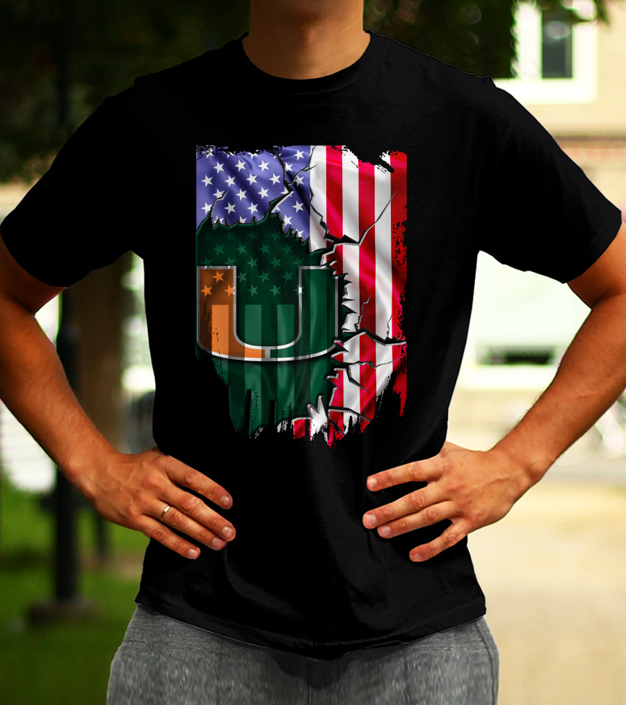 Flag Miami Hurricanes University U Patriotic USA Flag T-Shirt