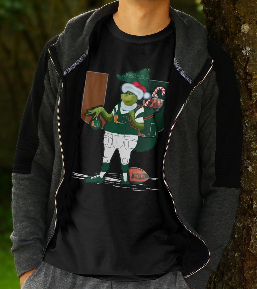 Grinchxmas Miami Hurricanes Festive Football Santa Grinch With Logo And Candy Cane Sack T-Shirt