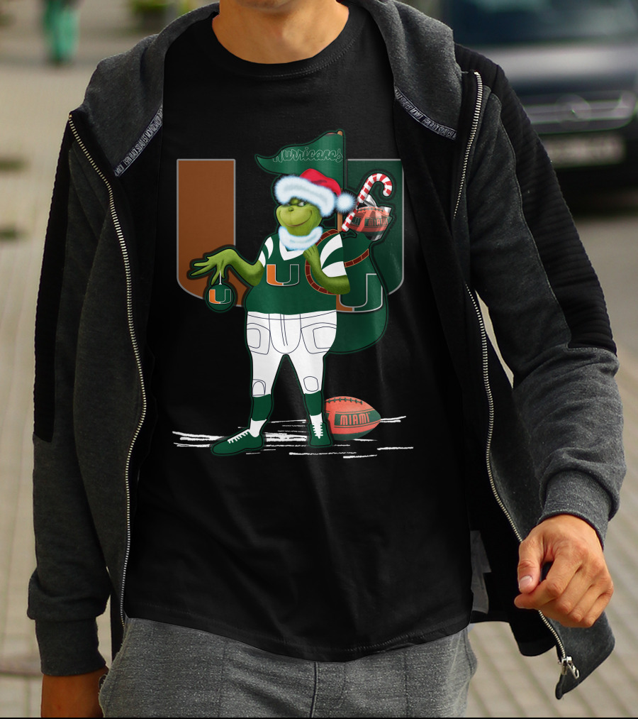 Grinchxmas Miami Hurricanes Festive Football Santa Grinch With Logo And Candy Cane Sack T-Shirt