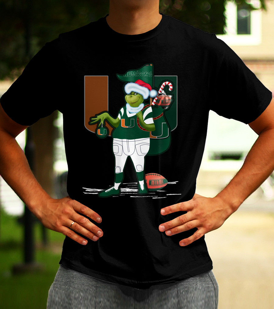 Grinchxmas Miami Hurricanes Festive Football Santa Grinch With Logo And Candy Cane Sack T-Shirt
