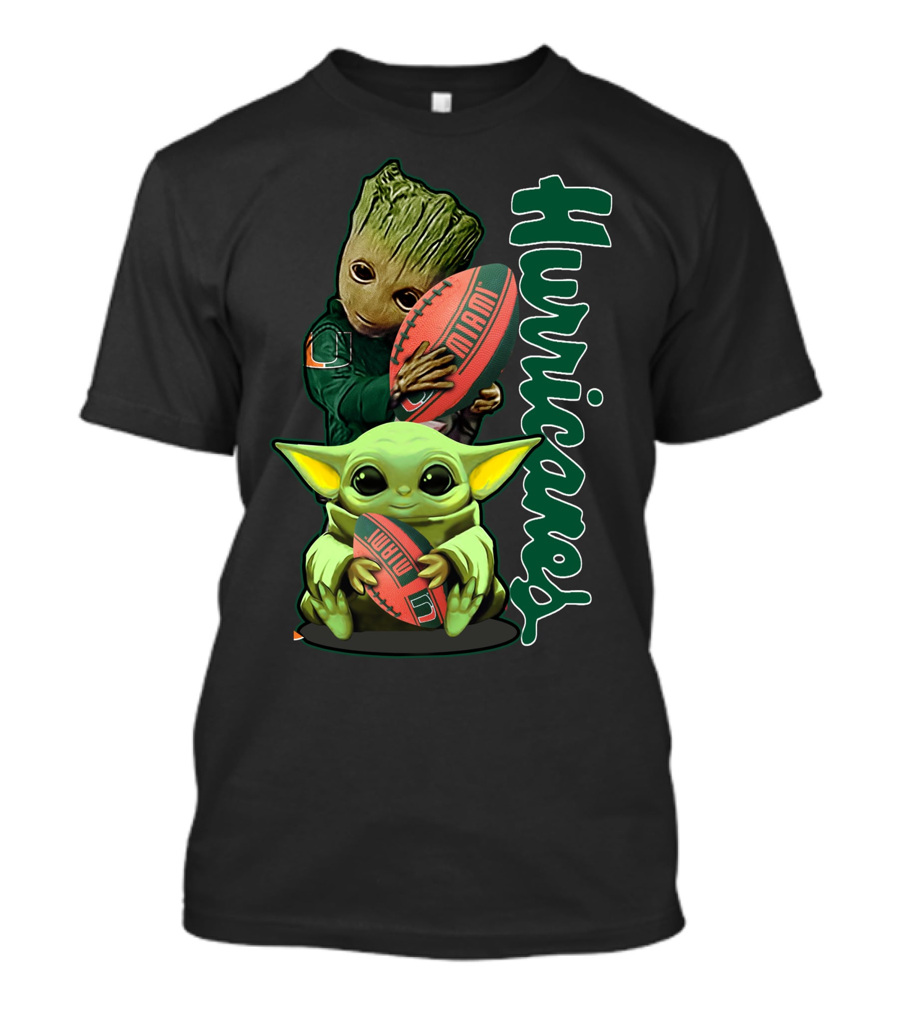 Grzd Miami Hurricanes Baby Yoda Groot Football T-Shirt