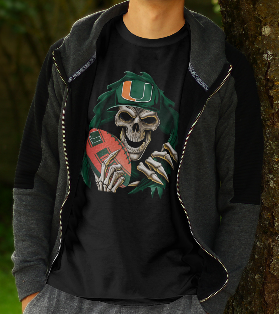 Skullbong Miami Hurricanes Skeleton Holding Football T-Shirt