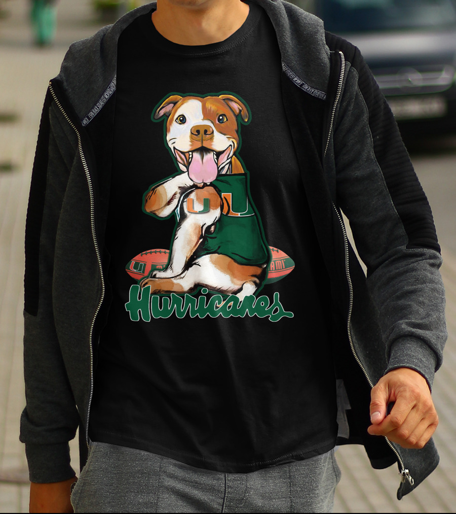 Pittbull Wearing Miami Hurricanes U Jersey With Football T-Shirt