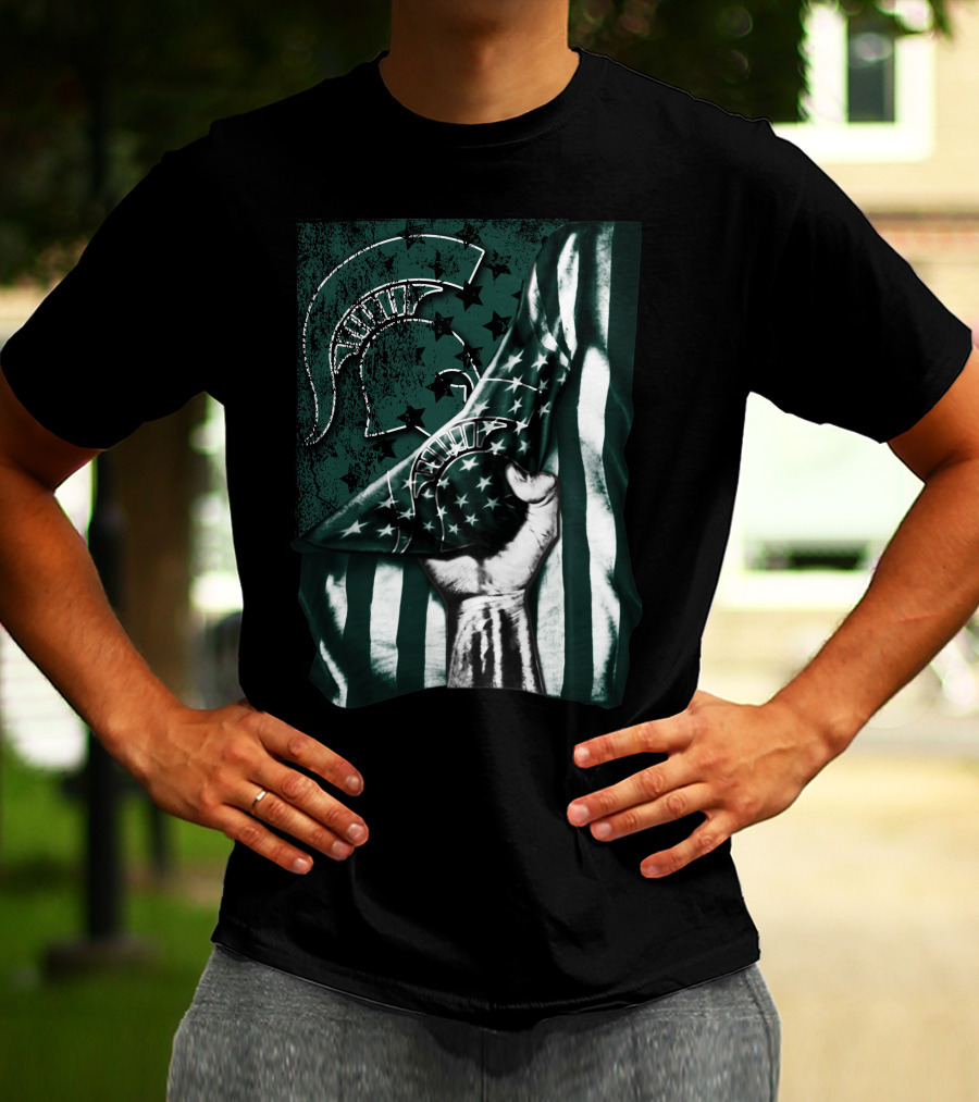 Michigan State Spartans Flag Spartan Helmet Stars Green White T-Shirt