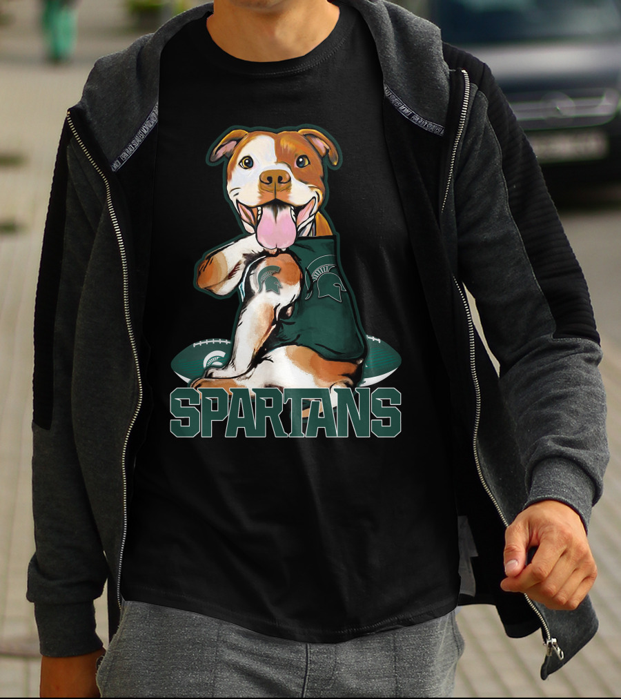 Spartans Pitbull Wearing Michigan State Logo With Football T-Shirt
