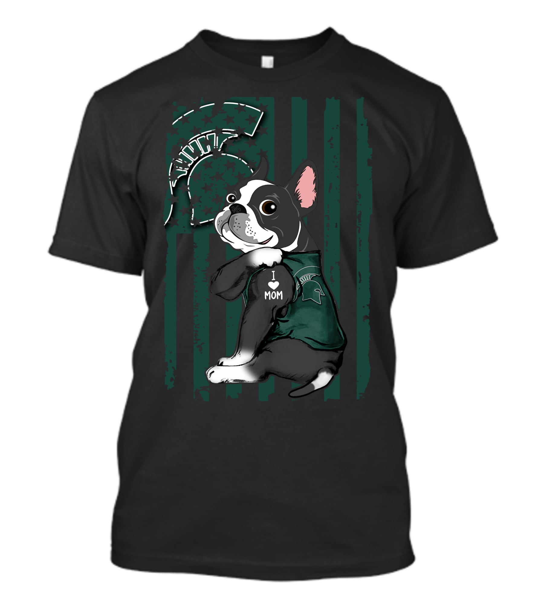 Boston Terrier I Love Mom Michigan State Spartans Paw Prints T-Shirt