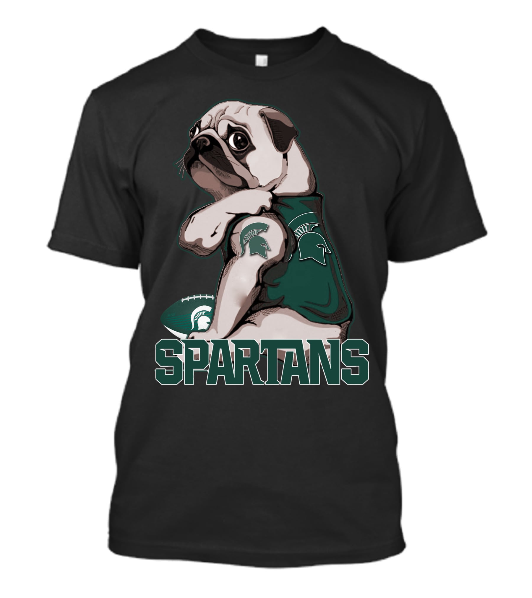Pug Michigan State Spartans Football Fan With Spartan Helmet T-Shirt