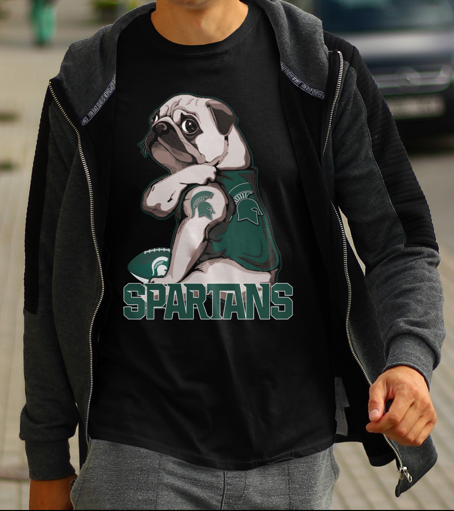 Pug Michigan State Spartans Football Fan With Spartan Helmet T-Shirt