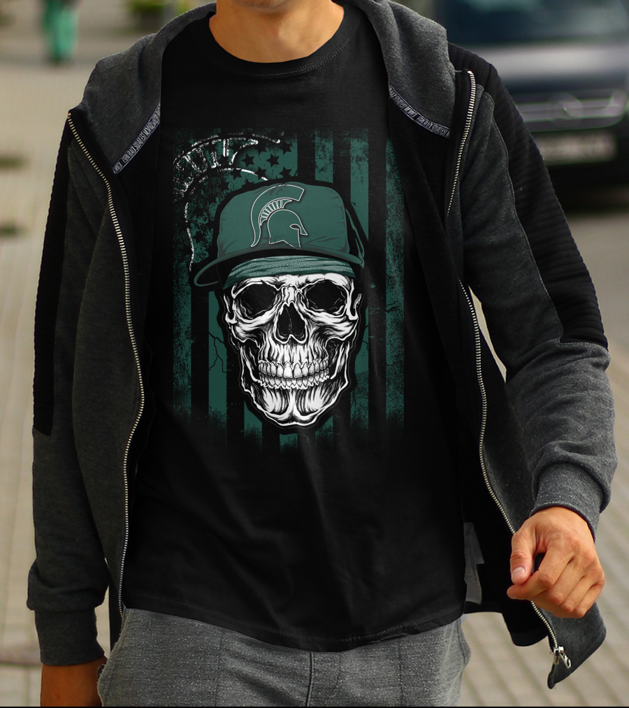 Skull Wearing Michigan State Spartans Cap On Green Stripes With Faded Text T-Shirt