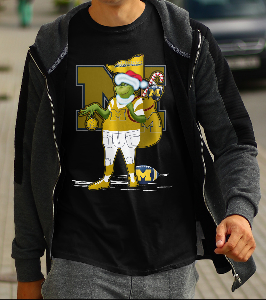 Grinchxmas Michigan Wolverines Santa Hat Football Candy Cane T-Shirt