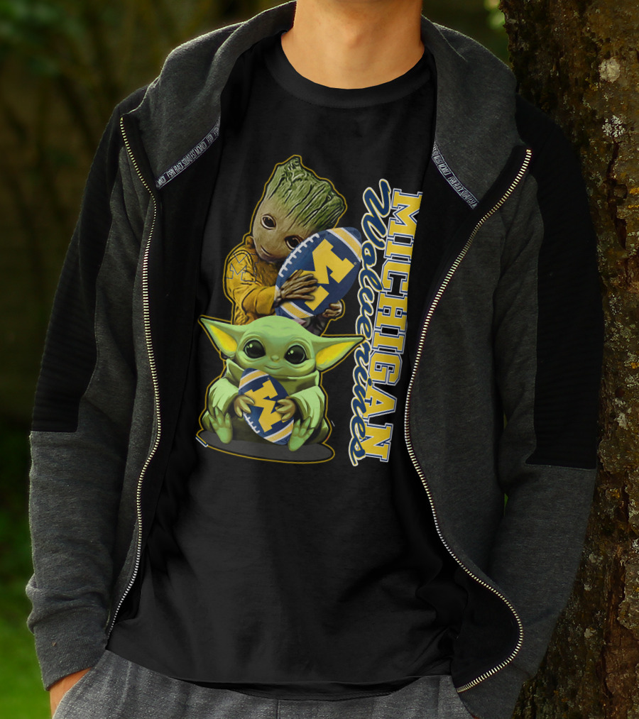 Michigan Wolverines Grogu And Groot Football T-Shirt