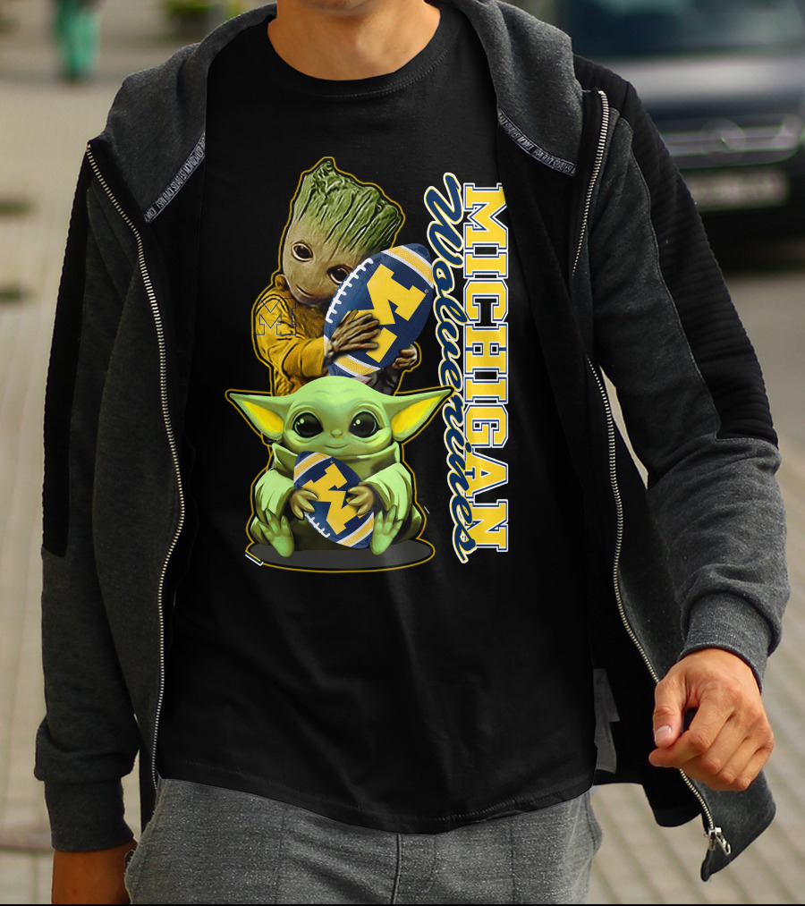 Michigan Wolverines Grogu And Groot Football T-Shirt
