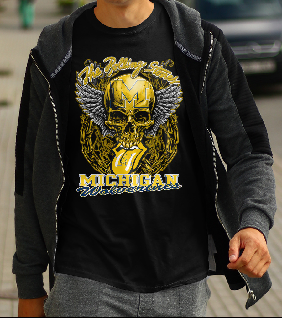 The Rolling Stones Michigan Wolverines Skull With Winged Helmet And Classic Tongue T-Shirt