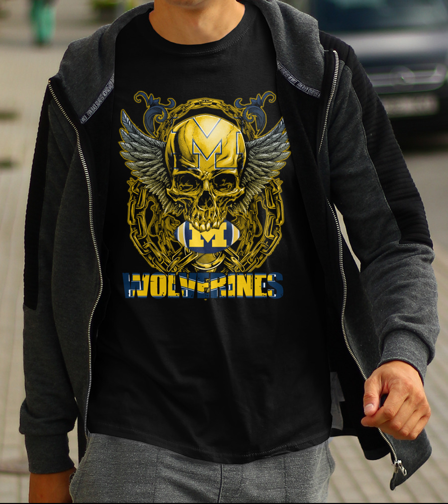 Skullfb Wolverines M Winged Skull And Football Michigan T-Shirt