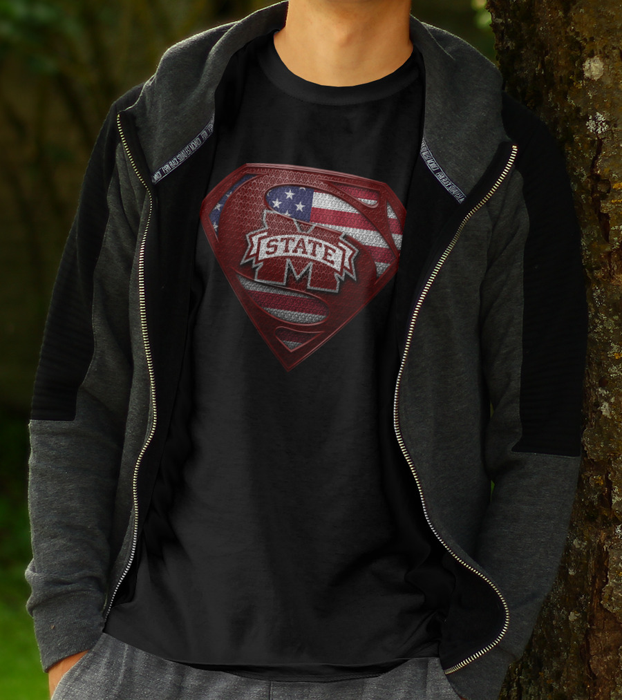 Mississippi State Bulldogs State M Superhero Usa Flag Shield T-Shirt