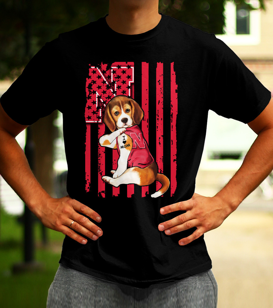 Beagle I Love Mom Nebraska Cornhuskers American Flag Stars And Stripes Football T-Shirt