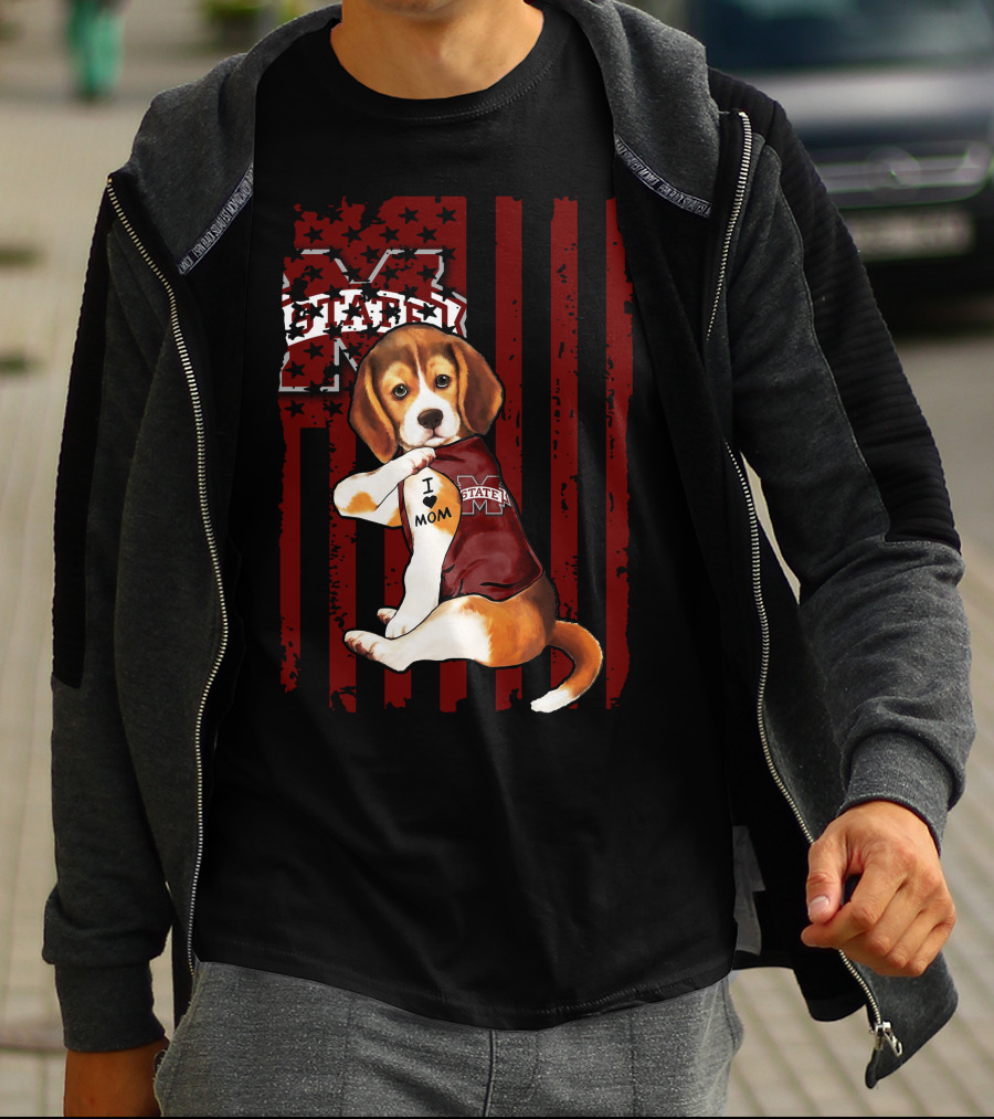 Mississippi State Bulldogs Beagle With I Love Mom Tattoo T-Shirt