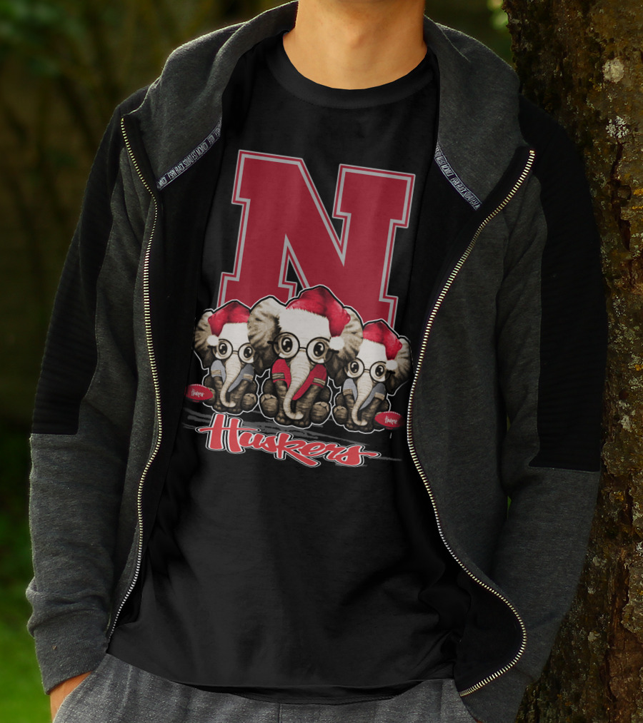 Elephan Xmas Nebraska Huskers Santa Hat Trio T-Shirt
